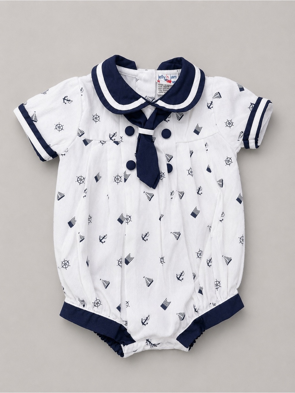 Vintage Jelly n Jam Nautical Sailor Beach Bubble Romper Newborn White Navy Baby
